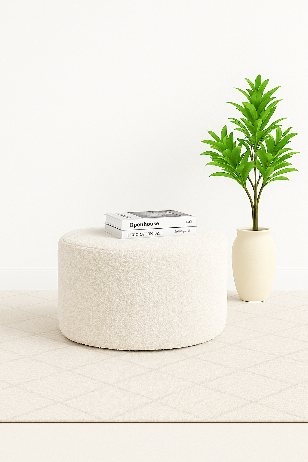 Large Boucle Off-White Round Pouf/Ottoman